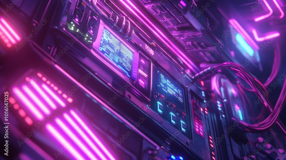 Poster futuristic consumer unit with vibrant neon lights and digital displays, showcasing advanced technolo