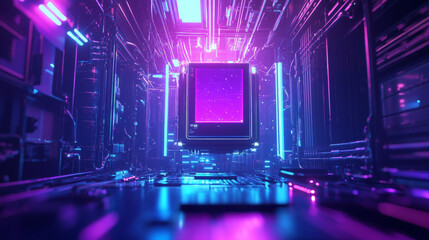 Obraz premium Futuristic consumer unit floating in digital environment, surrounded by vibrant neon lights and intricate circuitry, creating mesmerizing technological atmosphere