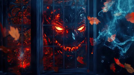 Fototapeta premium A sinister glowing face appears behind a window, surrounded by swirling smoke and autumn leaves, evoking a Halloween atmosphere.