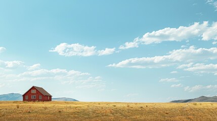 Lone red barn stands under a vast, blue sky on a golden field, encapsulating solitude and rural simplicity.