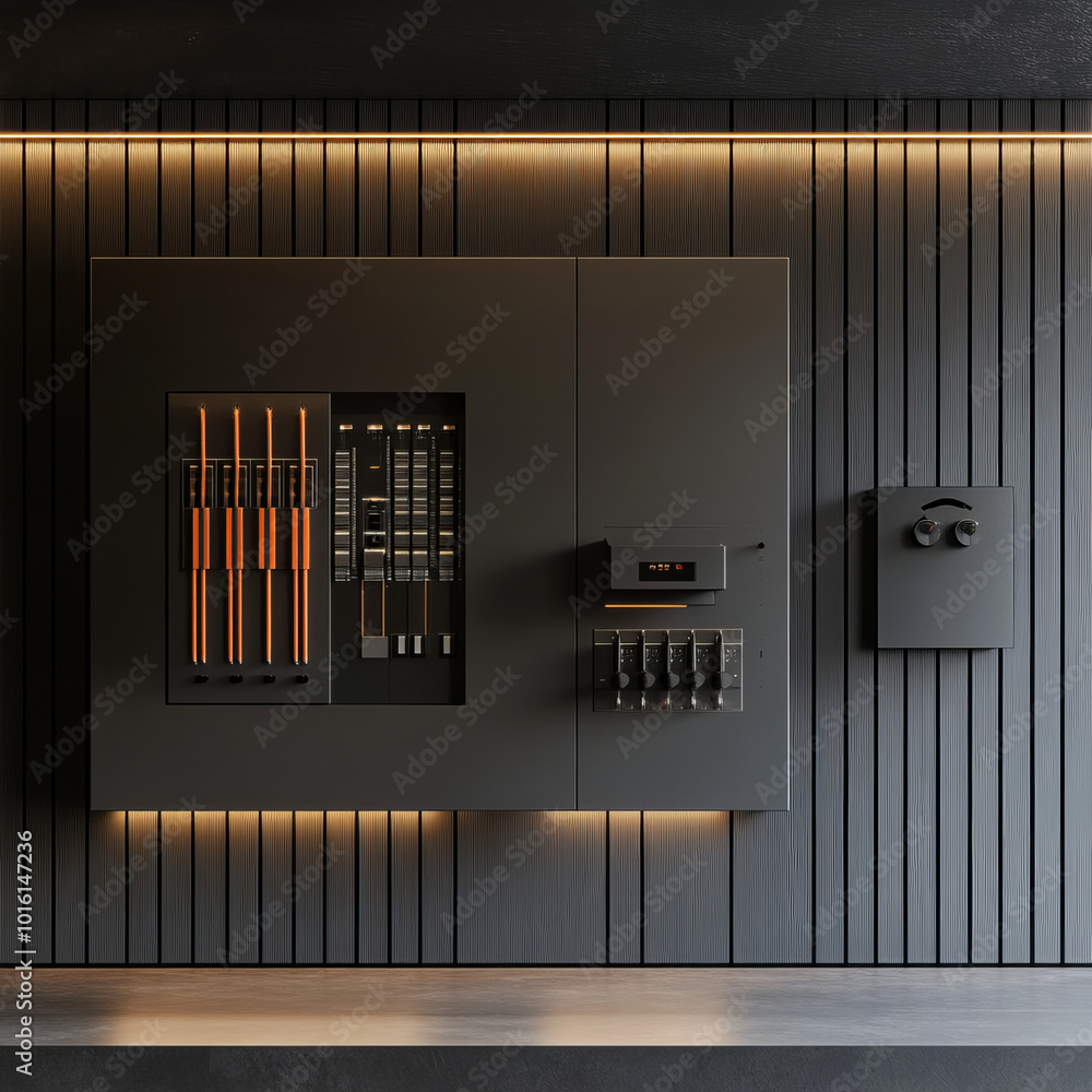 Poster modern geometric consumer unit with angular wiring, featuring sleek design and ambient lighting. thi