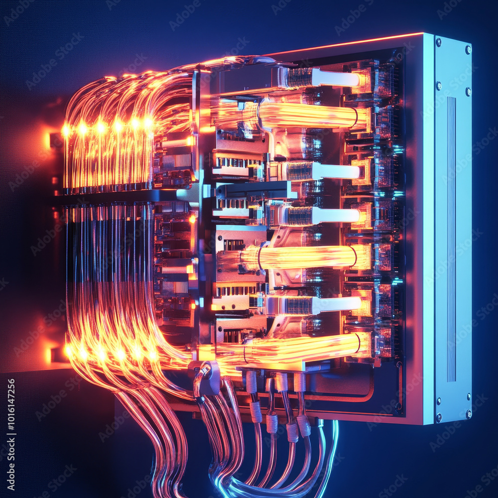 Poster highly detailed 3d model of consumer unit with glowing wires and intricate circuitry, showcasing adv