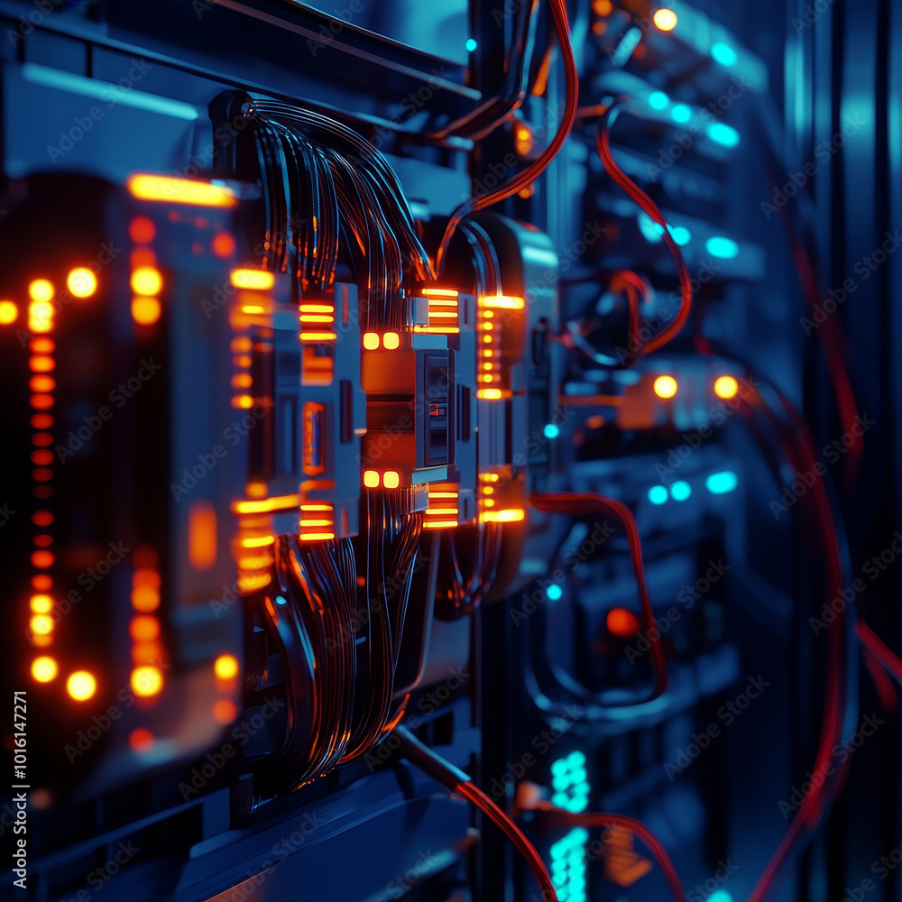 Poster highly detailed 3d model of consumer unit with glowing elements, showcasing intricate wiring and vib