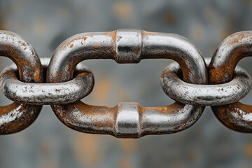 Fototapeta premium Close-up of interlocking rusty metal chain links with a blurred background, showcasing texture and wear on the metallic surface.
