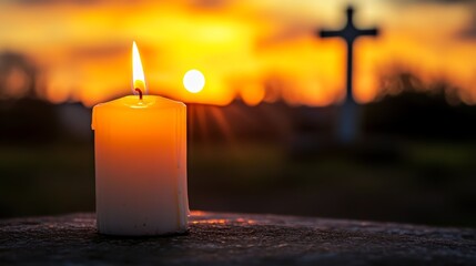 A lit white candle in focus against a beautiful sunset and a distant cross.