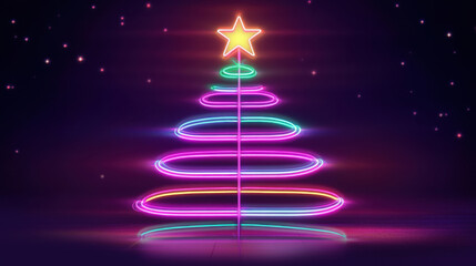 Vibrant neon christmas tree with glowing star on dark background illuminates festive holiday cheer and modern design concept