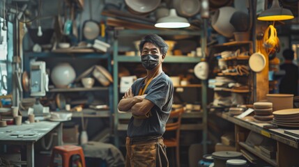 Fototapeta premium Artisan in a pottery workshop, surrounded by clay creations, embodying the craft's dedication and creativity amidst the rustic ambiance.