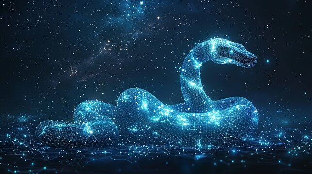 A star-filled mesh snake poses majestically in a cosmic night setting, symbolizing the interplay between technology and natural beauty in the universe.