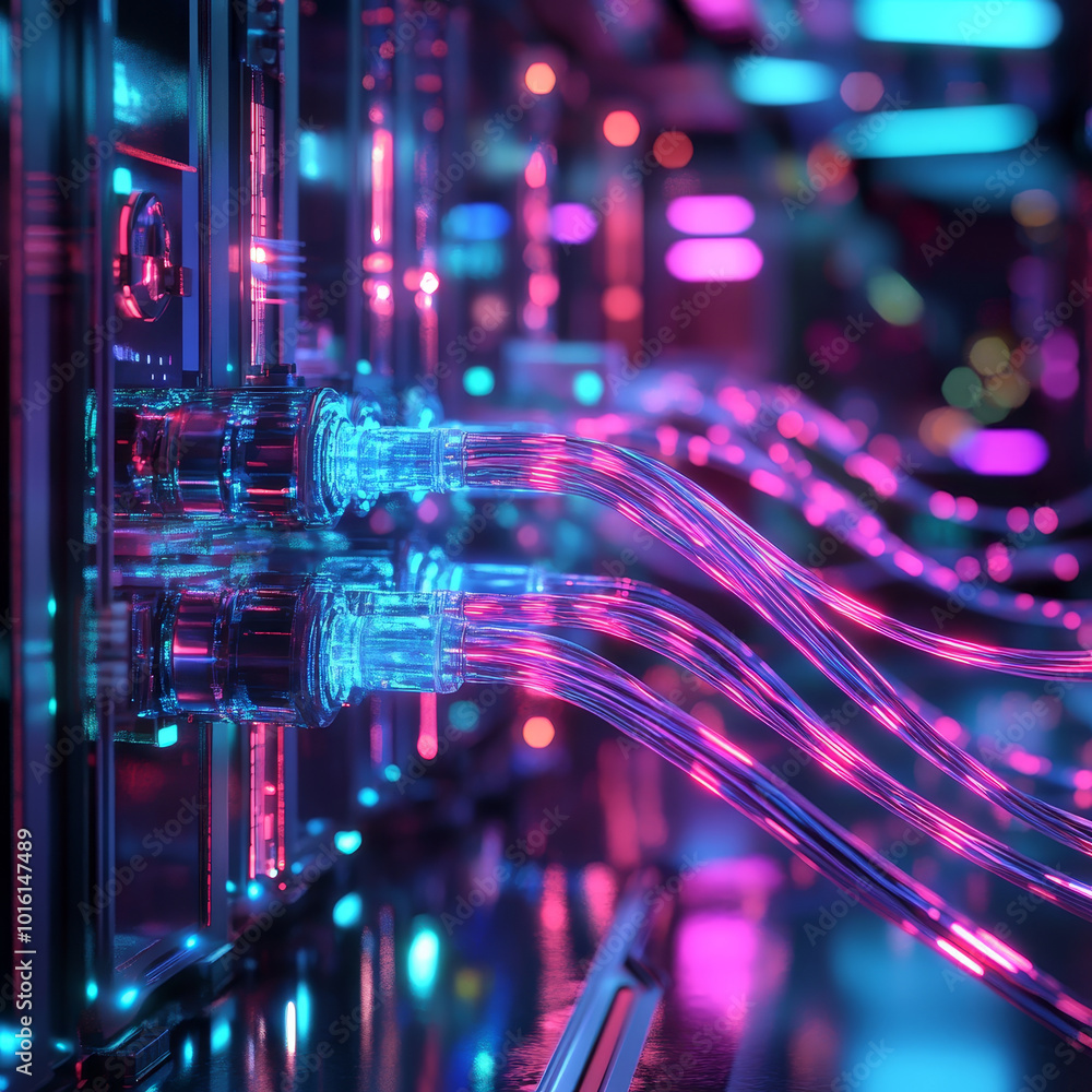 Poster high tech consumer unit with glowing fiber optic wires, showcasing vibrant colors and intricate conn