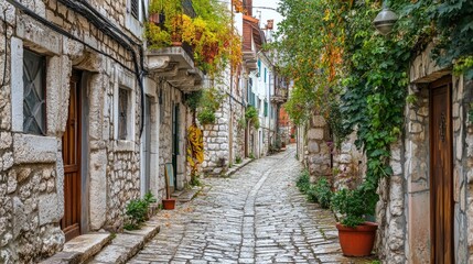 Charming Cobblestone Street in a Picturesque European Village Lined with Stone Houses and Lush Greenery on a Tranquil Autumn Day