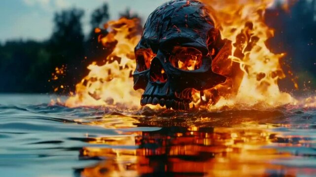 Burning and demonical  cyber scull jumps out from mystic lake, from under water, in lot water splahes, HD 4K Video Clip 
