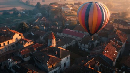 Obraz premium A hot air balloon floats over a terracotta rooftop village, casting long shadows in the golden light of sunset.