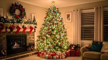 A Decorated Christmas Tree in a Cozy Living Room with a Fireplace