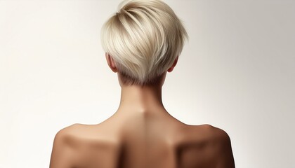 studio portrait of a blonde short haired woman with nude shoulders on white background, back view