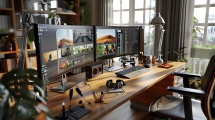 Obraz premium A modern workspace with dual curved monitors, abundant natural light, and greenery, creating a serene and productive environment.