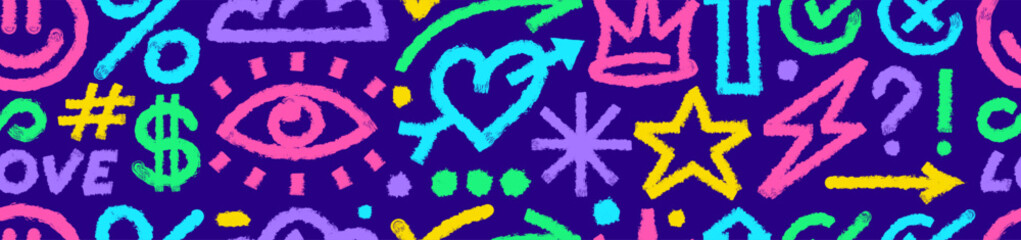 Grunge pattern naive shapes, lines, forms brush hand drawn style bold curved crown, star, arrow vector 10 eps