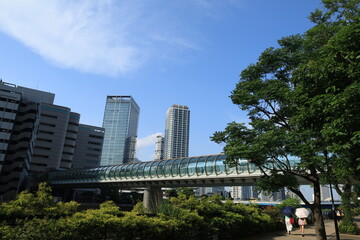 横浜駅東口みなとみらに繋がる橋「はまみらいウォーク」の風景