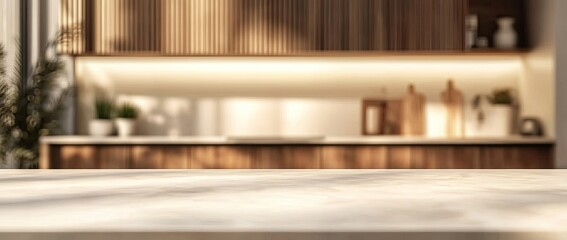 Blurred background of a modern kitchen interior with a white countertop and wooden cabinets, a blurred, abstract blur of a light beige wall in the kitchen 