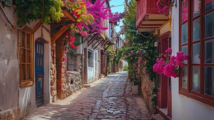 Fototapeta premium A charming cobblestone street lined with vibrant bougainvillea and rustic architecture, inviting a nostalgic wander through a picturesque, sun-drenched village.
