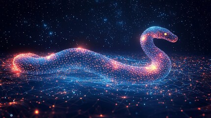A starry night sky accentuates the glowing digital snake sculpture, illustrating elegance and dynamic form within a digital landscape.