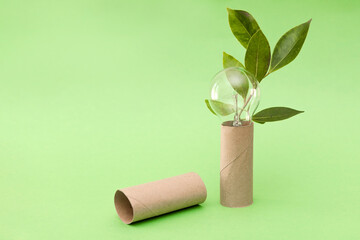 Eco-Friendly Energy Concept, Light Bulb in a Toilet Paper Roll with Green Plant Leaves and an empty roll beside on a Green Background
