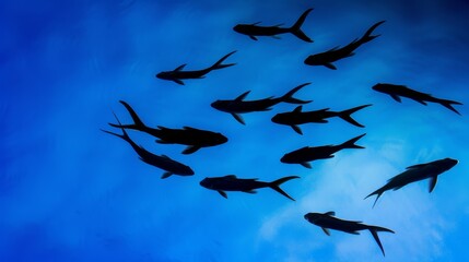 Fototapeta premium Silhouetted fish swim in synchrony against a deep blue, underwater backdrop. An elegant display of marine life and aquatic serenity.