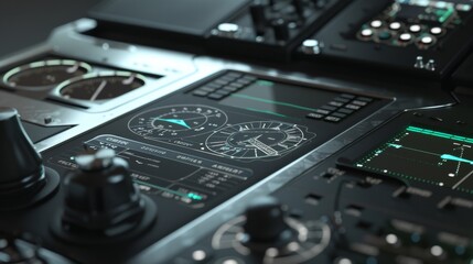 A detailed view of advanced instruments on a control panel, featuring circular dials, screens, and buttons, capturing a futuristic technology ambiance.