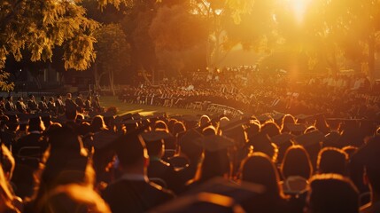 Obraz premium Golden light baths a graduation ceremony, capturing the joyous celebration of graduates and their families beneath a beautiful sunlit canopy.