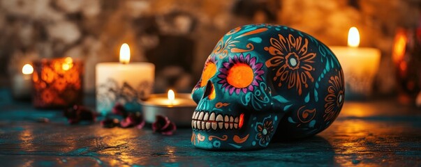 A beautifully decorated sugar skull illuminated by candles, symbolizing the vibrant Day of the Dead celebration.