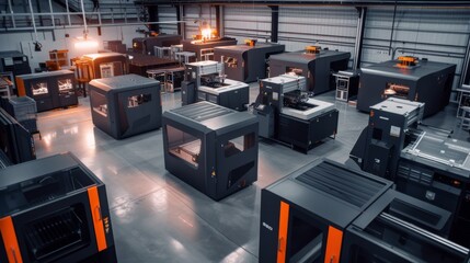 Naklejka premium A futuristic factory floor with advanced 3D printers aligned in a well-lit industrial space.