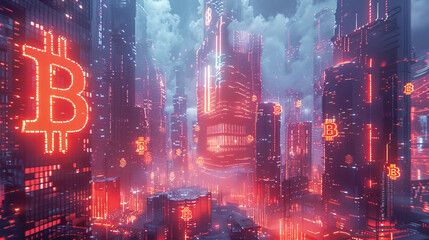 Fototapeta premium Bitcoin cryptocurrency symbol illuminating futuristic cityscape at night