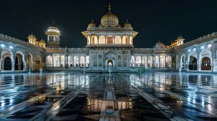 Obraz premium A stunning night view of a grand, illuminated building, highlighting its intricate architecture and reflecting beautifully on the polished courtyard.