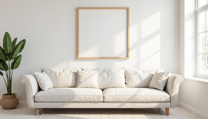 A blank canvas in a wooden frame is positioned above a white sofa in a minimalist living room. There is natural light streaming in from a large window. A potted plant is in the corner of the room.