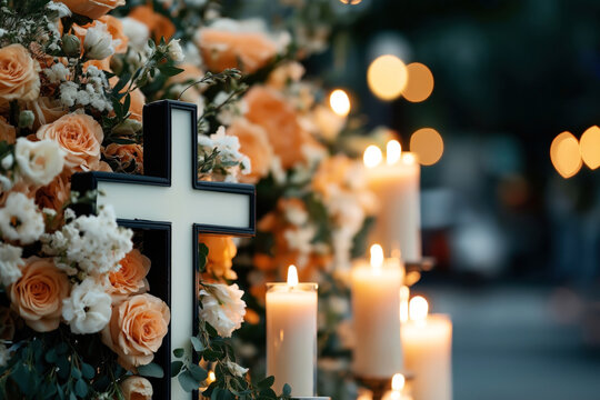 Close-up of a memorial setup with a cross, orange roses, white flowers, and lit candles arranged decoratively, possibly for a mourning or remembrance event.