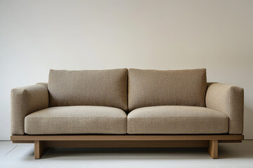 Light brown sofa in minimalist setting, featuring simple design with plush cushions and wooden base, perfect for modern interiors