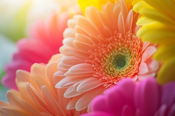A vibrant arrangement of gerbera daisies radiates vivid hues, reflecting the essence of sunlight and capturing the eye with their lively spirit and beautiful form.