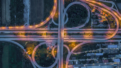 Aerial view elevated road and traffic junctions, Modern construction design traffic ways traffic jams, Road interchange or highway intersection with busy urban traffic Junction network transportation.