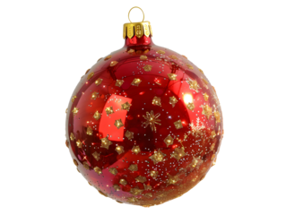 Shiny red Christmas bauble with gold glitter details, perfect for festive decorations. This ornament adds touch of elegance and joy to any holiday setting