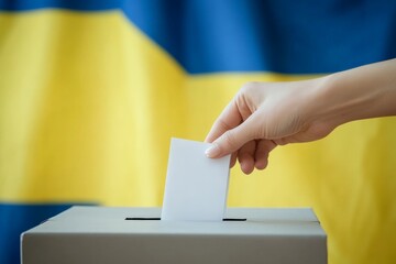 Scene captures the essence of democracy as a person deposits their vote into a ballot box with the Ukrainian flag as the backdrop, highlighting national identity.