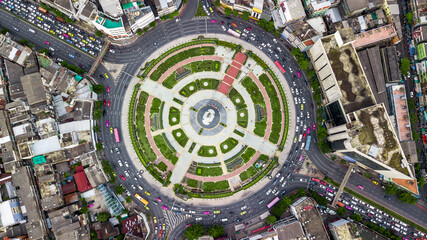 Aerial top view road roundabout with car lots, Circle Road traffic transport junction traffic road...