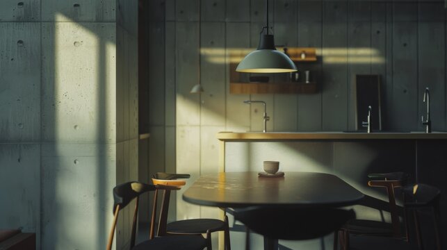 A modern dining nook bathed in morning sunshine, with minimalist concrete walls, sleek furniture, and a lone mug on the table.