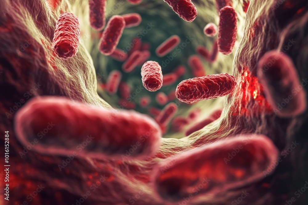 Aufkleber This image depicts a highly detailed close-up view of red bacteria within a biological system, highlighting their texture and movement in a vibrant manner.
