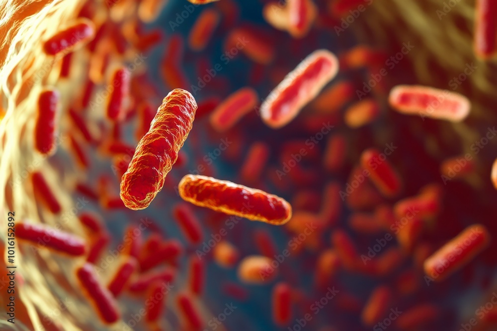Poster This image shows an array of colorful bacteria floating freely in a detailed microscopic setting, providing insights into their complex design and interactions.
