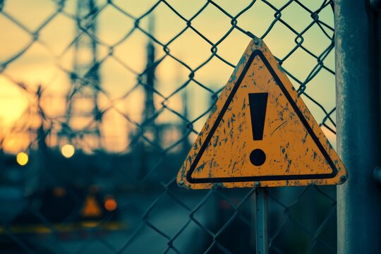 A weathered rusty warning sign with an exclamation mark on a chain-link fence, hinting at possible dangers, stands against a blurred industrial background at sunset.