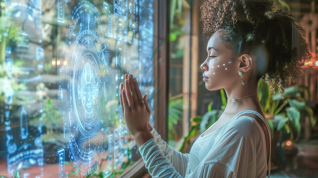 Young woman connecting with holographic yoga coach using futuristic technology - Powered by Adobe