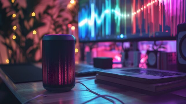 Smart home speaker with multi-colored waveforms on screen, blending technology and design for a captivating experience. - Powered by Adobe