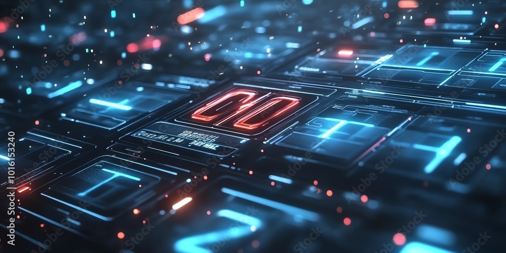 Poster a futuristic digital display with glowing red numbers 00 in a blue grid.