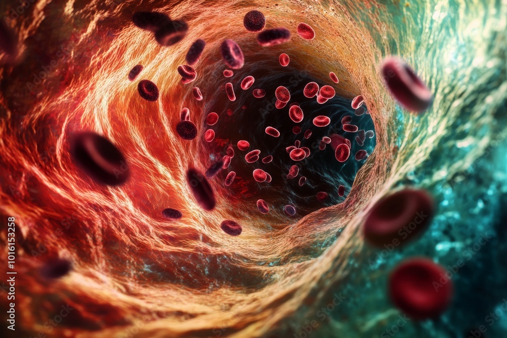 Poster This image visualizes a dynamic tunnel filled with flowing red blood cells in vibrant colors, offering a glimpse into the movement and vitality within the human body.