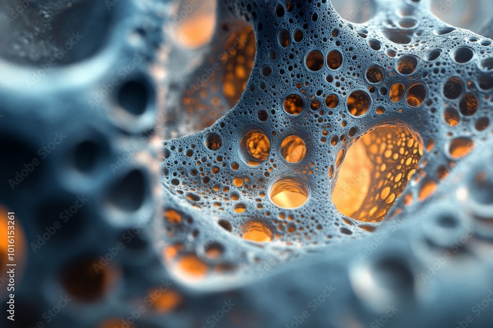 Poster a striking abstract image featuring a porous blue structure illuminated by warm light, evoking feeli