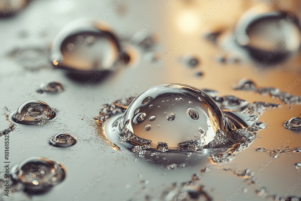 Poster close-up view of water droplets on a shiny, reflective metallic surface, highlighting simplicity and
